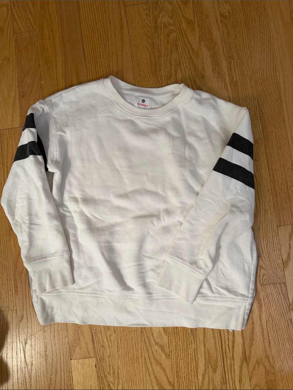 Sundry White Crewneck Sweater with Black Sleeve Stripes